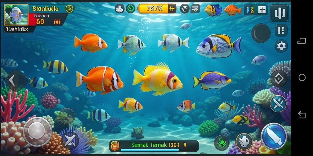 Gameplay seru Tembak Ikan di 797K dengan berbagai jenis ikan.