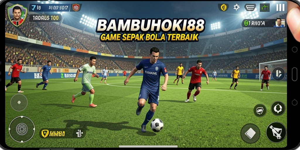 Screenshot utama menunjukkan aksi intens dalam permainan sepak bola.