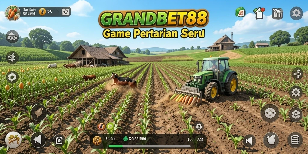 Tangkapan layar gameplay <strong>GRANDBET88</strong> menunjukkan aktivitas pertanian yang seru.