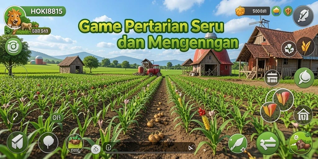 Tampilan gameplay HOKI8815 dengan ladang yang subur dan tanaman yang berwarna-warni.