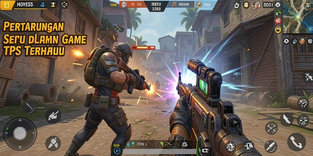 Tampilan gameplay seru dari HOYE55 dalam pertempuran TPS.