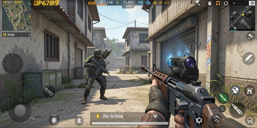 Tangkapan layar menunjukkan aksi menyerupai pertempuran FPS yang mendebarkan.