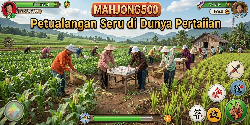 Tangkapan layar utama MAHJONG500 menampilkan ladang yang subur dan hewan ternak yang sehat.