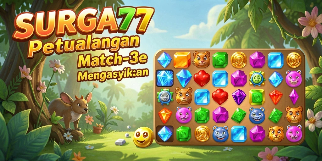 Tangkapan layar SURGA77 menampilkan gameplay Match-3 yang seru dan penuh warna.